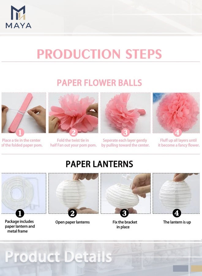 Maya Hanging Party pom pom Set, 15pcs Pink White Paper Flowers Pom Poms Balls and Paper Lanterns for Wedding Birthday Bridal Baby Shower Graduation, Lantern - Image 5