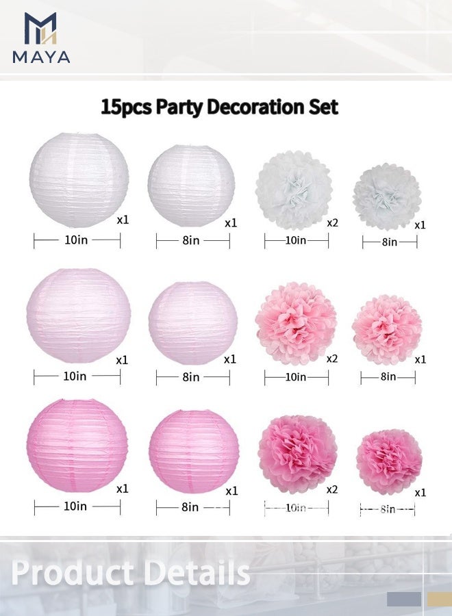 Maya Hanging Party pom pom Set, 15pcs Pink White Paper Flowers Pom Poms Balls and Paper Lanterns for Wedding Birthday Bridal Baby Shower Graduation, Lantern - Image 2