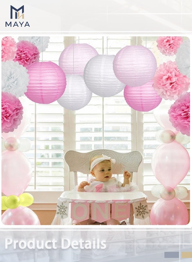Maya Hanging Party pom pom Set, 15pcs Pink White Paper Flowers Pom Poms Balls and Paper Lanterns for Wedding Birthday Bridal Baby Shower Graduation, Lantern - Image 3