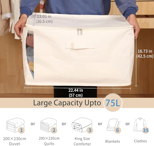 HOLLIO Extra Large Storage Box Cotton Canvas Clothes Storage Bags Saree Covers with Zip for Storage Specially Design for Woman Dresses, Sarees, Lehengas for Wardrobe Organizer (SET OF 3, EXTRA LARGE) - Image 2
