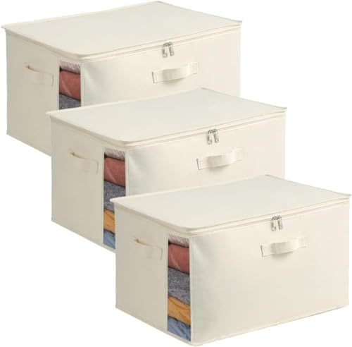 HOLLIO Extra Large Storage Box Cotton Canvas Clothes Storage Bags Saree Covers with Zip for Storage Specially Design for Woman Dresses, Sarees, Lehengas for Wardrobe Organizer (SET OF 3, EXTRA LARGE) - Image 1
