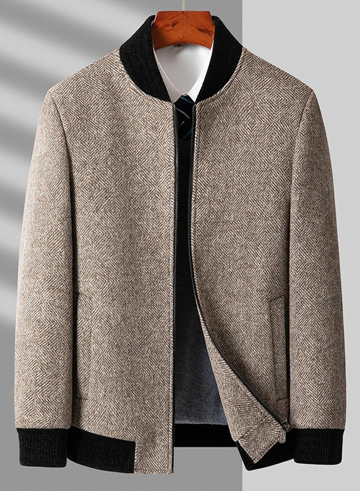 Loquat Men's Woolen Zippered Slim Fit Jacket Coat Stand Collar Casual Overcoat With Thick Inner Linning Khaki  - Image 1