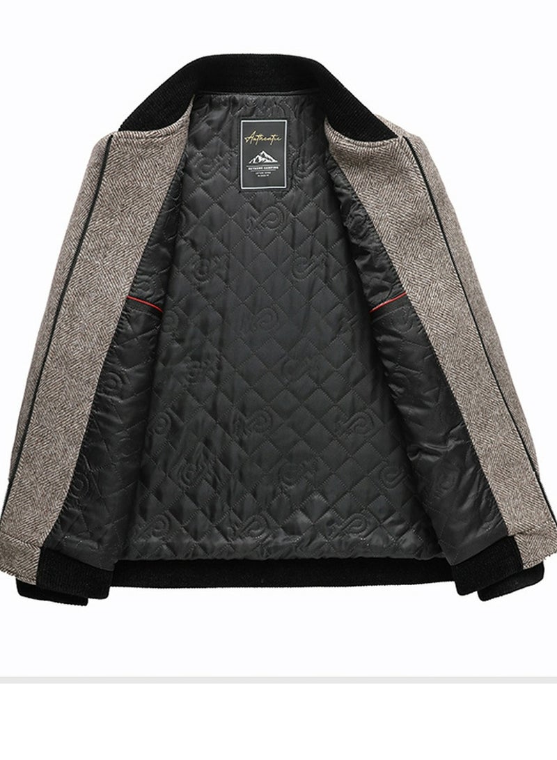 Loquat Men's Woolen Zippered Slim Fit Jacket Coat Stand Collar Casual Overcoat With Thick Inner Linning Khaki  - Image 3