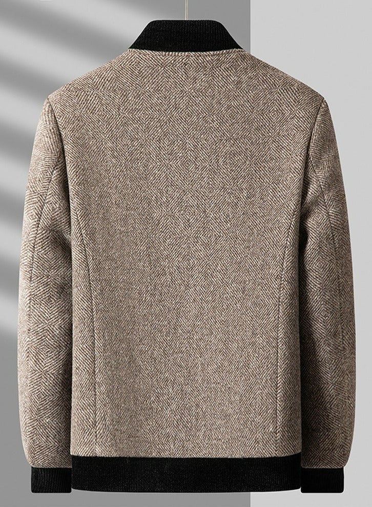 Loquat Men's Woolen Zippered Slim Fit Jacket Coat Stand Collar Casual Overcoat With Thick Inner Linning Khaki  - Image 2