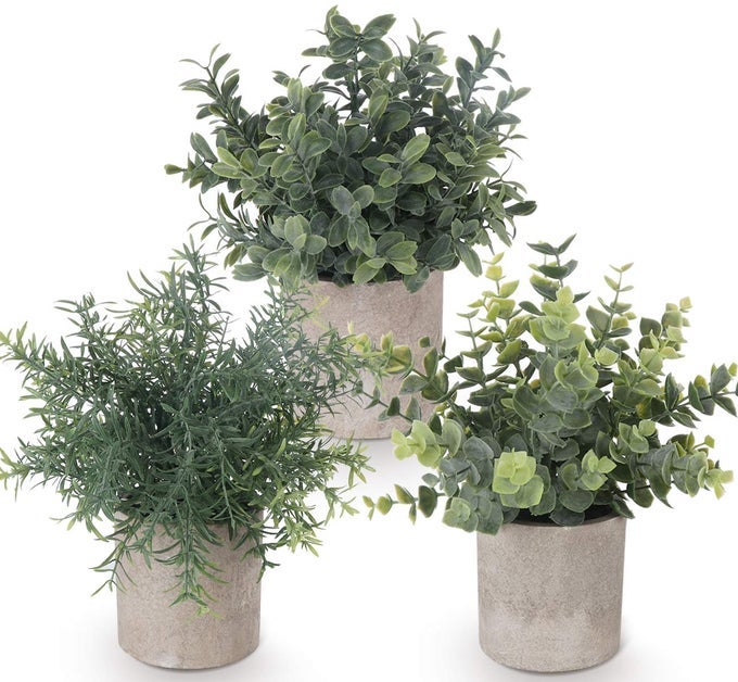 SET OF 3 MINI POTTED ARTIFICIAL PLANTS PLASTIC EUCALYPTUS PLANTS FAUX ROSEMARY PLANTS FOR HOME GARDEN OFFICE DESK SHOWER ROOM DECORATION