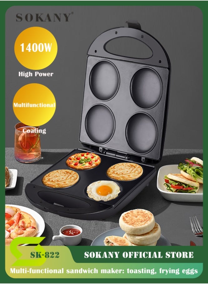 sokany 1400W Electric Breakfast Maker, Non-Stick 4-Section Multi-Food Maker for Arepas, Pancakes, Eggs, and Sandwiches, with Indicator Lights and Temperature Control, Compact Kitchen Appliance - Image 1