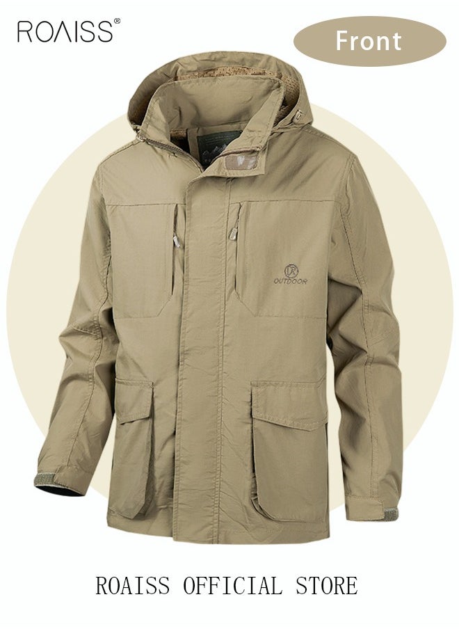 roaiss - Men'S Casual Loose Windproof Jacket Solid Sports Hoodie Lightweight Outdoor Hiking Zipper Jacket - Image 1