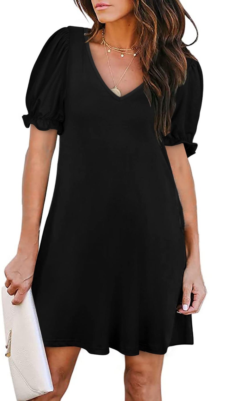 Aloodor Dresses for Women 2025 V Neck Puff Sleeve T Shirt Dress Fashion Beach Vacation Essentials Black M - Image 1