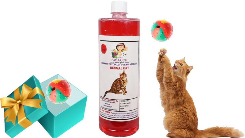 swacch Bengal Cat Shampoo + Rubber Musical Ball I Chew Playing Rubber Ball I Interactive Cat Toy Balls I Training & Play I Combo Pack I 1 Litre Strawberry - Image 1