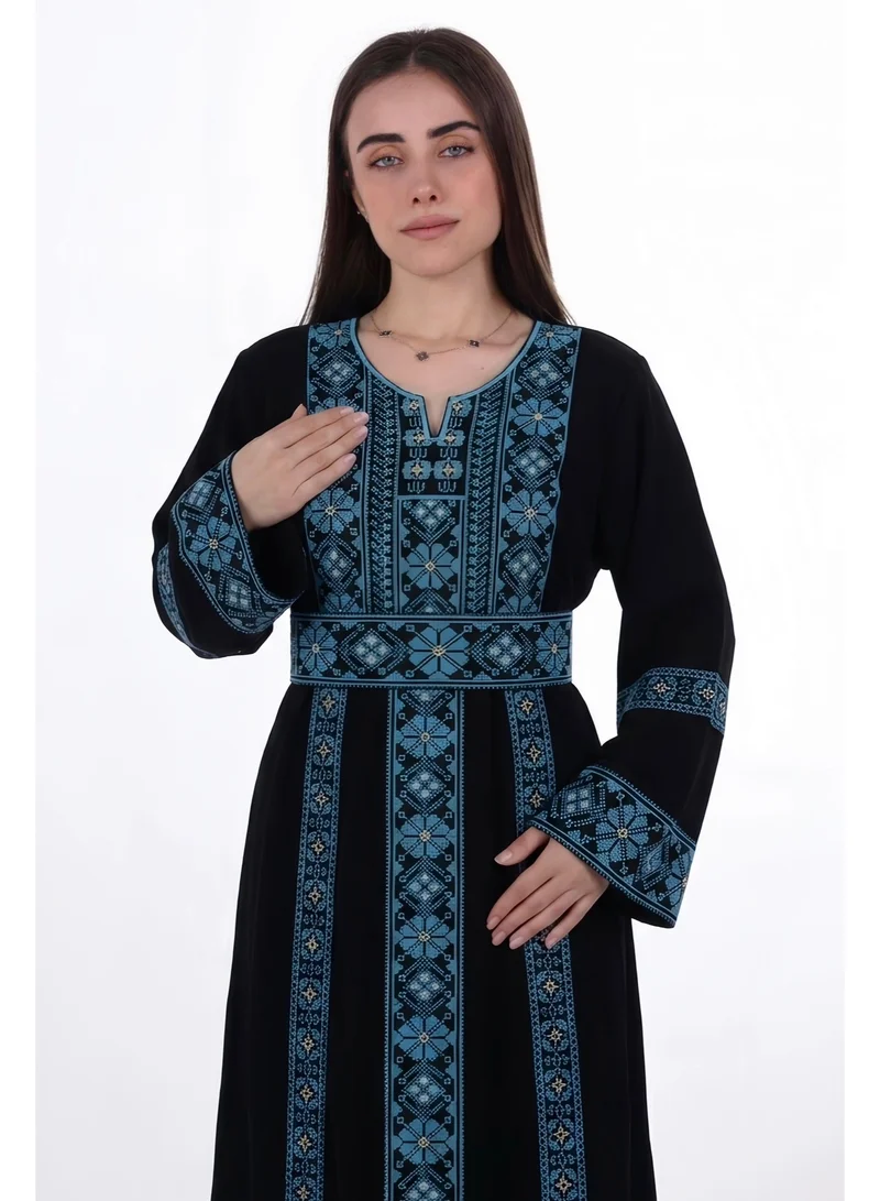 Al Bent Al Sharqieh Black With Blue Embroidery women embroidered jalabiya dress for Women | Best Price UAE