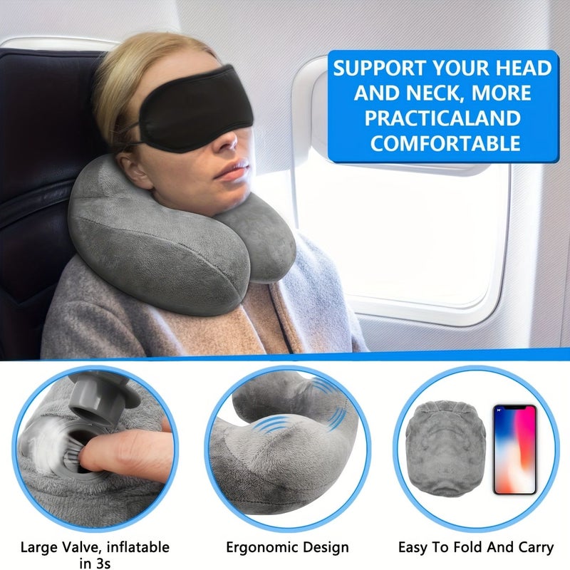 Grey Ergonomic Inflatable Travel Pillow With Soft Velvet Neck Support For Airplane Car Office And Camping Sleeping Rest - Image 4
