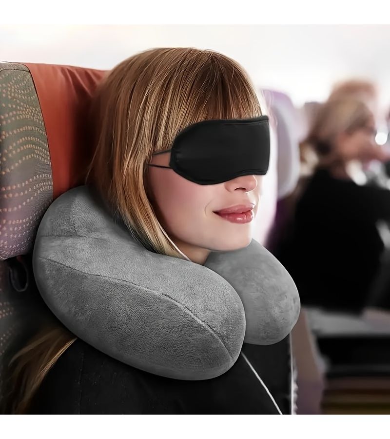 Grey Ergonomic Inflatable Travel Pillow With Soft Velvet Neck Support For Airplane Car Office And Camping Sleeping Rest - Image 2
