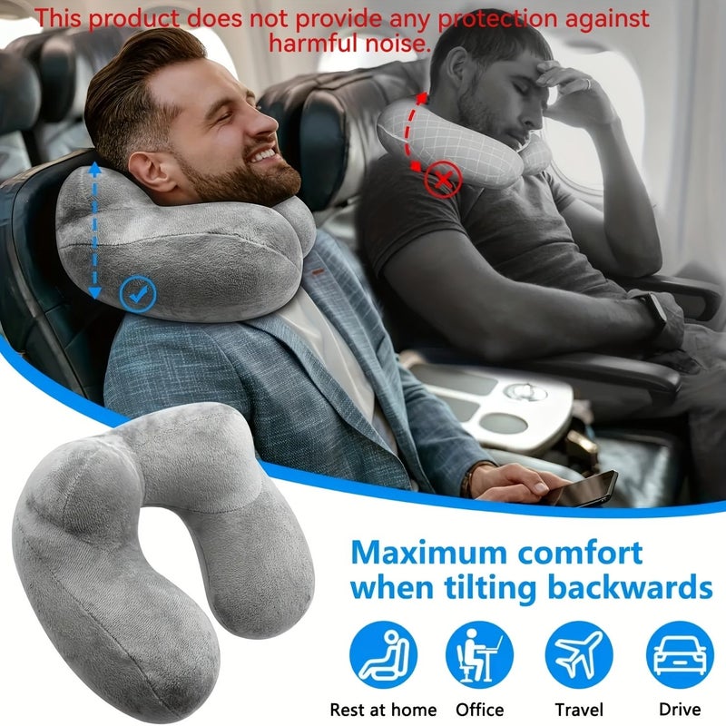 Grey Ergonomic Inflatable Travel Pillow With Soft Velvet Neck Support For Airplane Car Office And Camping Sleeping Rest - Image 1