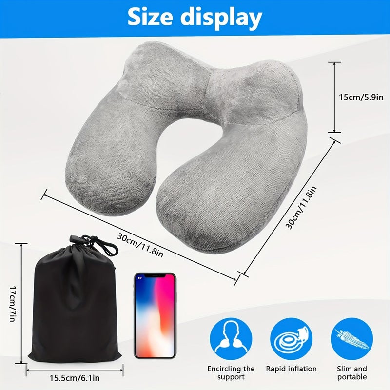 Grey Ergonomic Inflatable Travel Pillow With Soft Velvet Neck Support For Airplane Car Office And Camping Sleeping Rest - Image 3