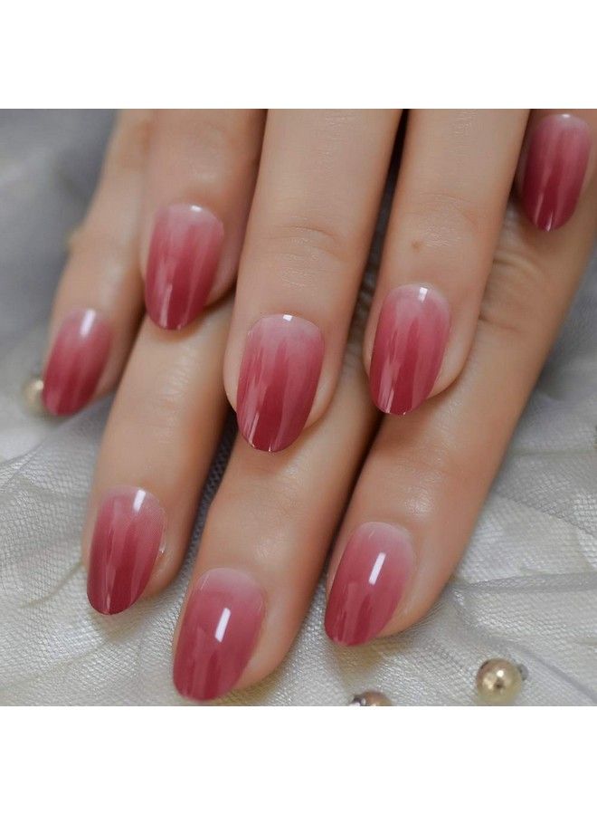 EchiQ Lightcoral Ombre Artificial False Nails Sleek Gel Acrylic Nail Oval Medium Color Tips With Gluetabs 24Pcs - Image 1