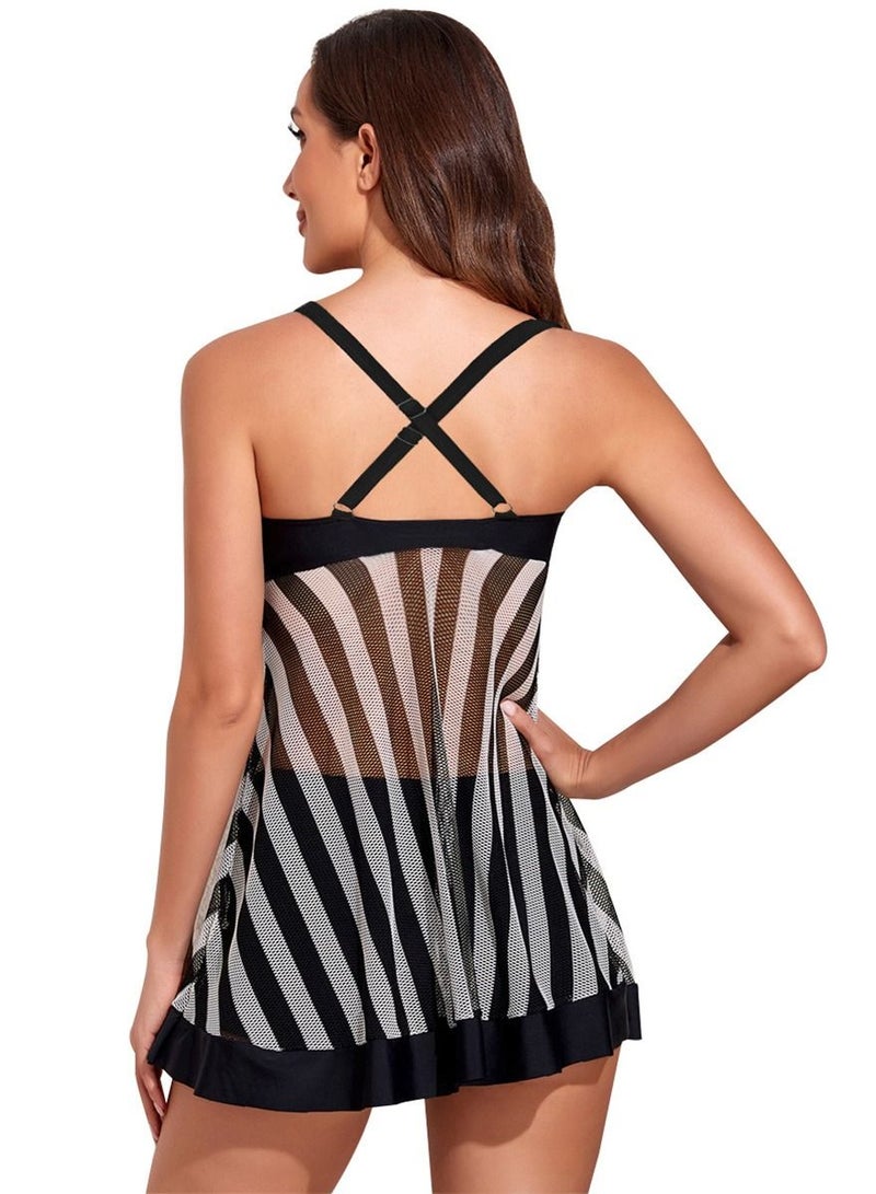 Loquat Black And White Stripe Gauze Skirt Style Split Bikini Modern Female Swimsuit - Image 3