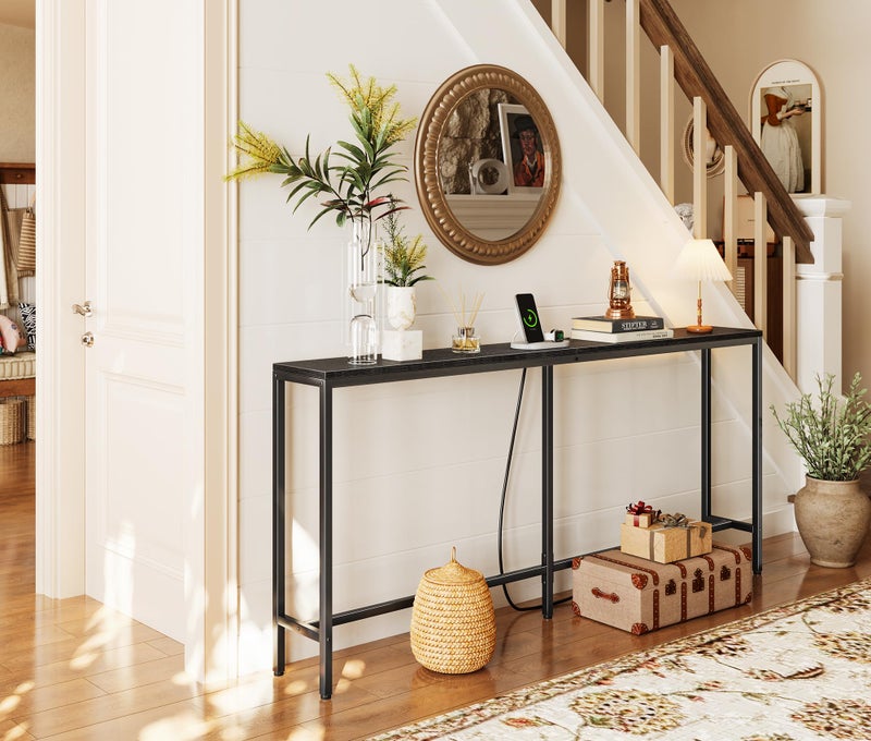SUPERJARE 70 Inch Console Table with Outlet, Sofa Table with Charging Station, Narrow Entryway Table, Skinny Hallway Table, Behind Couch Table, for Living Room, Black - Image 3