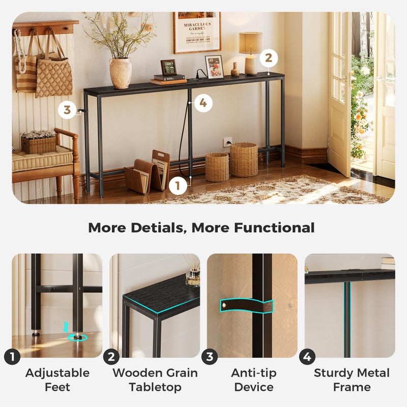 SUPERJARE 70 Inch Console Table with Outlet, Sofa Table with Charging Station, Narrow Entryway Table, Skinny Hallway Table, Behind Couch Table, for Living Room, Black - Image 5