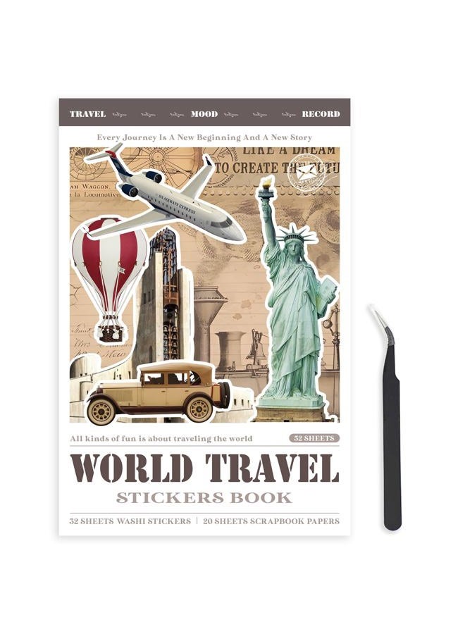 Bomichi Travel Sticker Book, 32 Sheets 377 Pcs Vintage Aesthetics Stickers & 20 Sheets Washi Paper for Journaling Scrapbooking Bullet Journals Planners Letter Card Making - Image 1
