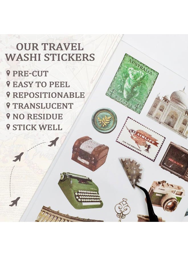 Bomichi Travel Sticker Book, 32 Sheets 377 Pcs Vintage Aesthetics Stickers & 20 Sheets Washi Paper for Journaling Scrapbooking Bullet Journals Planners Letter Card Making - Image 5
