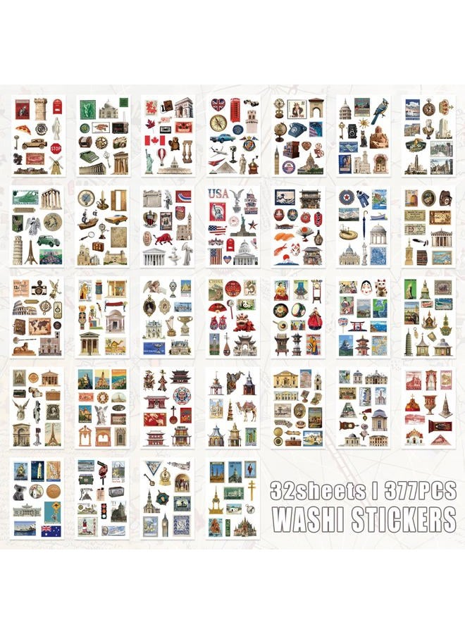 Bomichi Travel Sticker Book, 32 Sheets 377 Pcs Vintage Aesthetics Stickers & 20 Sheets Washi Paper for Journaling Scrapbooking Bullet Journals Planners Letter Card Making - Image 4