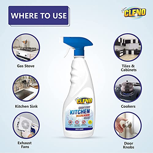 Cleno Heavy Duty Kitchen Degreaser Cleaner Spray Removes Oil Grease from Food Stains/Chimney Stove Grill/Kitchen Slab/Oven/Exhaust Fan, 450 ml - Image 2