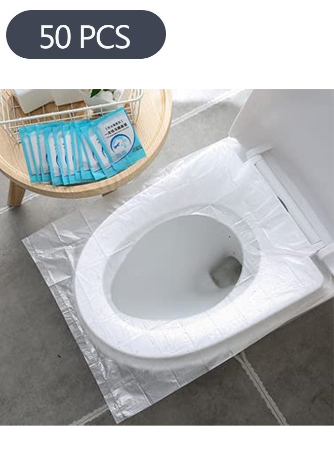غطاء مقعد تواليت بلاستيكي للاستعمال مرة واحدة مكون من 50 قطعة ، مقاوم للماء وغير قابل للانزلاق ملفوف بشكل فردي للسفر ، واقيات لمقعد المرحاض لتدريب الأطفال الصغار على استخدام النونية للأم الحامل والبال - Image 1
