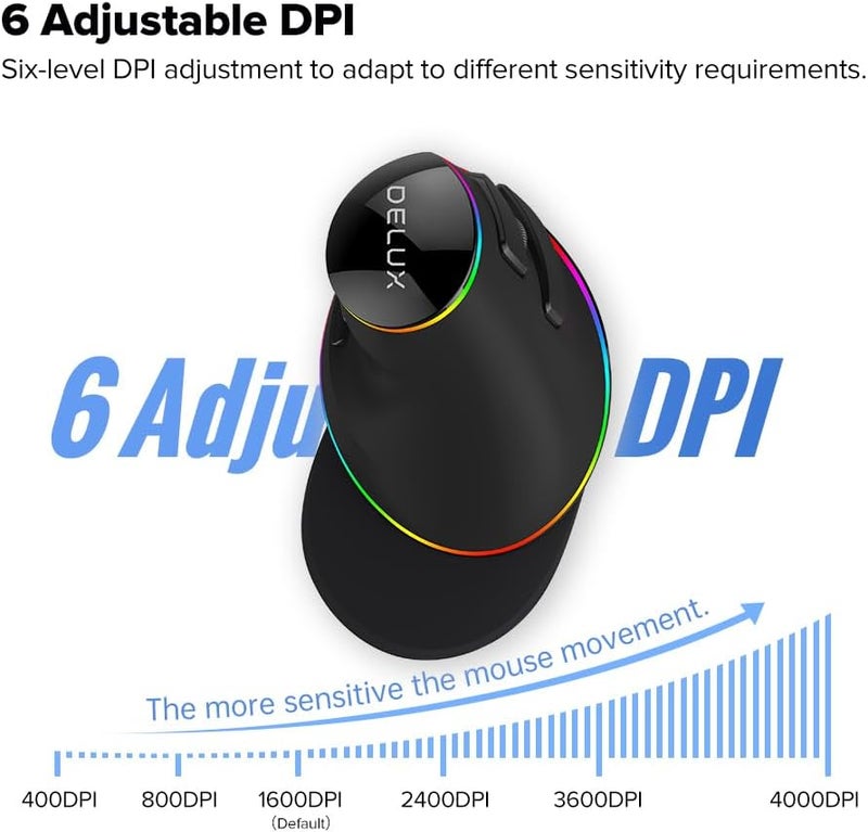 ديلوكس ماوس المريح، ماوس عمودي RGB سلكي كبير مع 6 أزرار، مسند معصم قابل للإزالة، 4000DPI وبرنامج مدمج يقلل من إجهاد اليد، لمتلازمة النفق الرسغي (M618Plus RGB-Black) - Image 3
