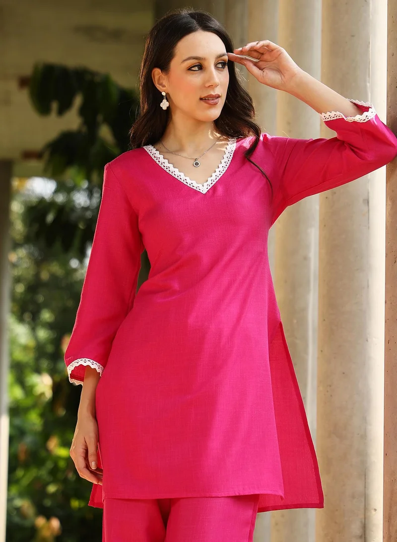QISSA Women's Fuchsia Pink Bloomesque Kurta Set For Casual Wear | V-Neck | Quarter Regular Sleeves | 3 Piece Kurta Set Designed With Comfort Fit For Everyday Ethnic Wear