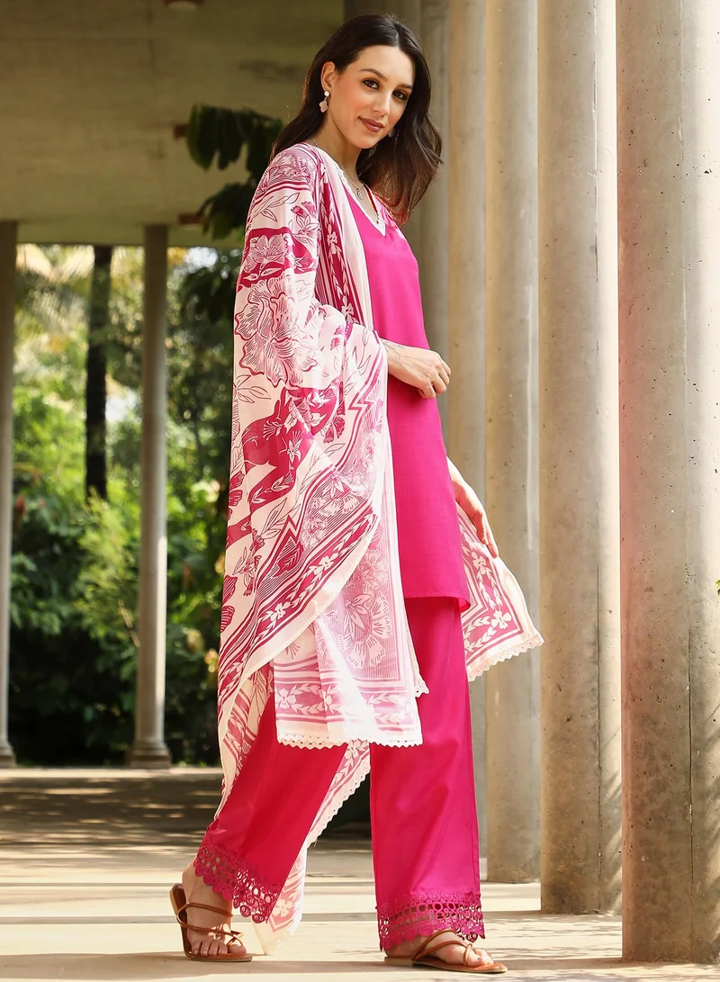 QISSA Women's Fuchsia Pink Bloomesque Kurta Set For Casual Wear | V-Neck | Quarter Regular Sleeves | 3 Piece Kurta Set Designed With Comfort Fit For Everyday Ethnic Wear