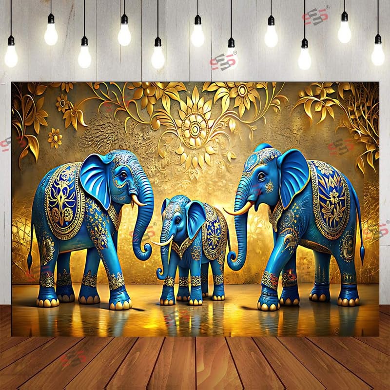 S2S Blue Elephant Backdrop Cloth for Pooja Decoration Traditional, Background Decoration Cloth | Curtain Cloth for All Festival, Functions & Ceremonies - (5 x 8 Feet) (Blue Elephant) - Image 1