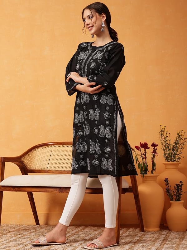 Ada Hand Embroidered Lucknowi Chikankari Cotton Kurti Kurta for Women A411631 Black (XL) - Image 4