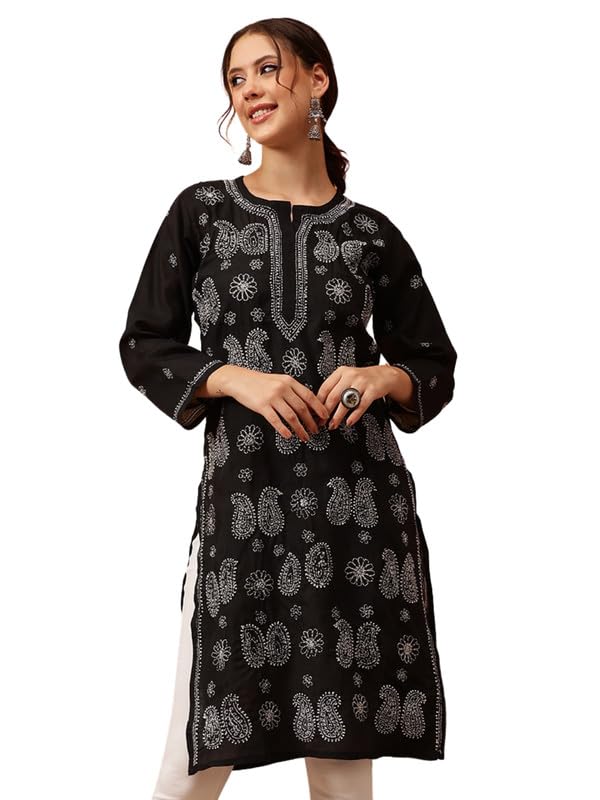 Ada Hand Embroidered Lucknowi Chikankari Cotton Kurti Kurta for Women A411631 Black (XL) - Image 1