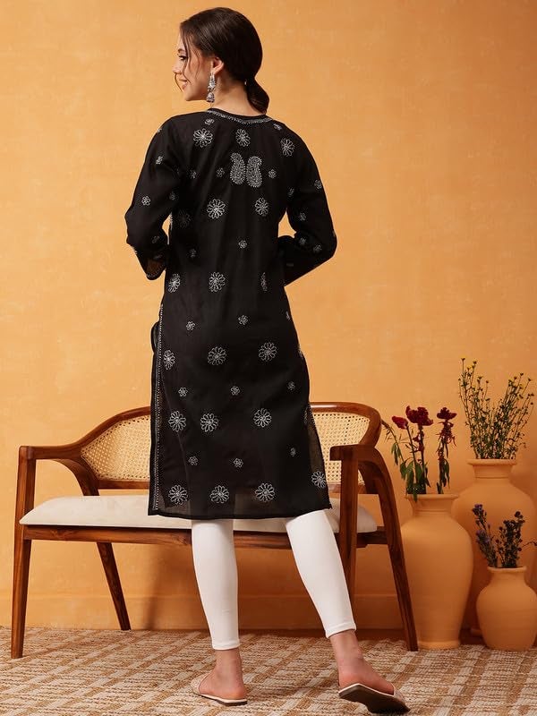 Ada Hand Embroidered Lucknowi Chikankari Cotton Kurti Kurta for Women A411631 Black (XL) - Image 2