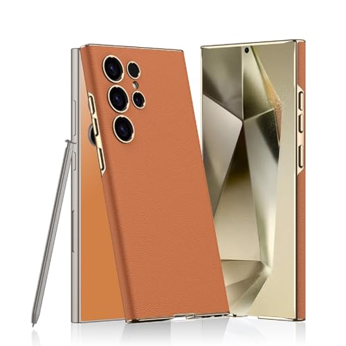 Midkart Leather Case Compatible with Samsung Galaxy S24 Ultra Release 2024 Electroplated Hard PC Lightweight with Independent Camera Protection Cover, Orange - Image 1