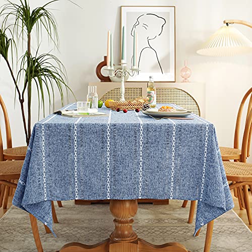 Chassic 60 x 104 inches Farmhouse Style Linen tablecloths Wrinkle Resistant Washable Dining Room Table Cloths for 6 Foot Rectangle Tables  Hemstitch Blue