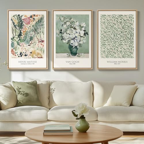 Cuspin Framed Large Matisse Wall Art for Living Room 3 Piece Vintage Sage Green Canvas Artwork for Walls Botanical Floral Prints for Bedroom Hallway Home Office Decor Total Size 30x60 Inches - Image 1