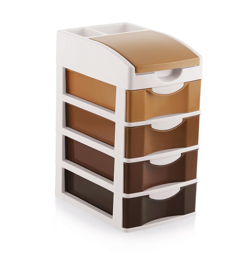Nabhya Small Size Desktop Cosmetic & Make-up Organizers Drawer MulitPurpose Drawer Rack Organizers (Brown, 4 Layer) - Image 1