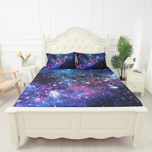 kxry Blue Purple Galaxy Fitted Sheet Sets Queen Size for Boys Kids Teens Outer Space Starry Sky Universe Bedding Set 1 Fitted Sheet + 1 Flat Sheet + 2 Pillow Cases - Image 5