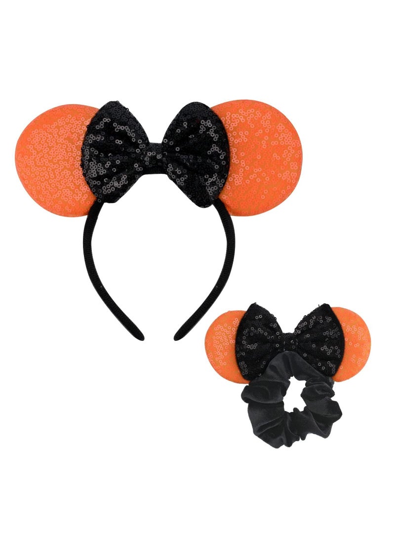 إسكدنيا 1 Pcs Mouse Ears Headband and Scrunchies with Bow Hairs Accessories for Girls Women Boys Birthday Party (Blackorange) - Image 1