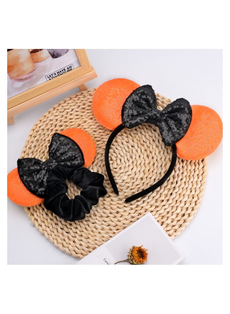 إسكدنيا 1 Pcs Mouse Ears Headband and Scrunchies with Bow Hairs Accessories for Girls Women Boys Birthday Party (Blackorange) - Image 5