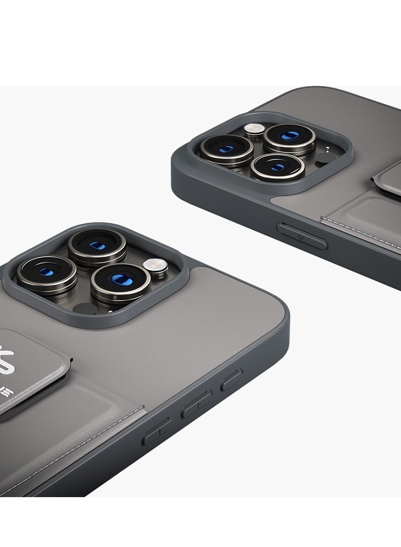 كيب هون حافظة جلدية مع حامل وحامل بطاقات لهاتف iPhone 15 Pro Max باللون الرمادي - Image 2