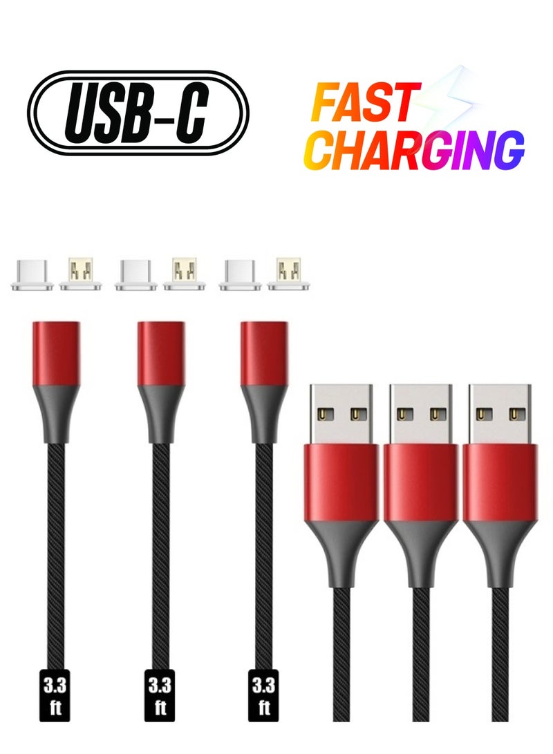 Magnetic Charging Cable, Gen10 Nylon Braided 2-in-1 Magnetic Phone Charger Compatible with USB-C and Micro USB Devices(3.3ft/3 Pack red)
