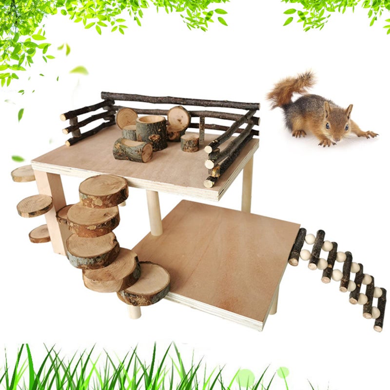 VolksRose Wooden Hamster Playground Platform Hamster Climbing Toy Natural Living Climb System Small Animals Activity Set with Ladder Food Bowl Ramp Bridge for Mouse Gerbil Rat Chinchilla - Image 2