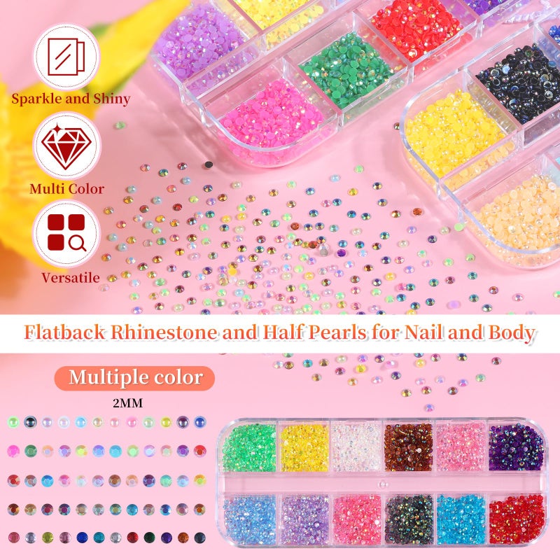 editTime 5 Boxes 13200pcs Sparkling Crystal Nail Rhinestones Pearls Kit, Flatback Multicolor Transparent Jelly AB Mermaid Gems with Pick Up Pen and Curved Tweezers for Manicure Salon & Craft DIY Designs (2mm) - Image 2