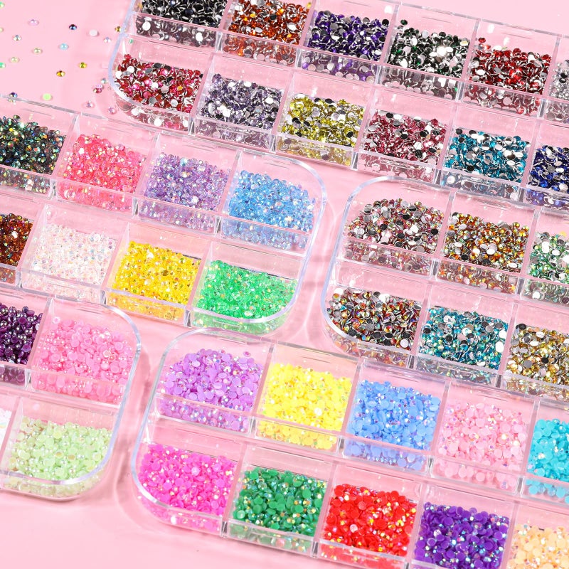 editTime 5 Boxes 13200pcs Sparkling Crystal Nail Rhinestones Pearls Kit, Flatback Multicolor Transparent Jelly AB Mermaid Gems with Pick Up Pen and Curved Tweezers for Manicure Salon & Craft DIY Designs (2mm) - Image 4