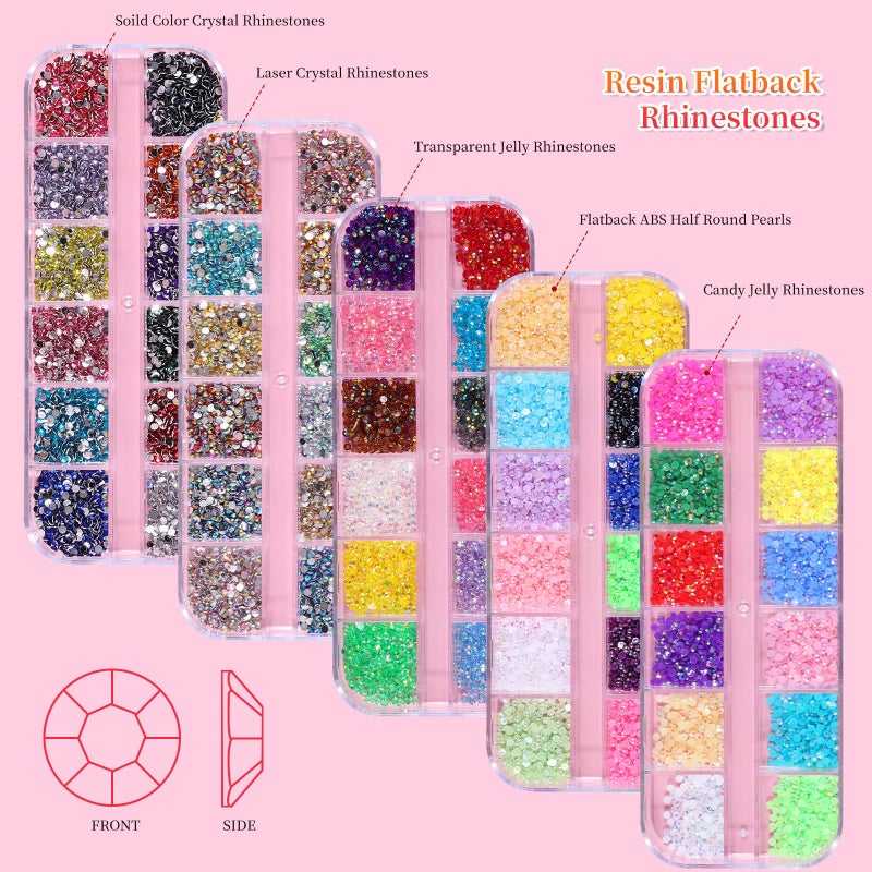 editTime 5 Boxes 13200pcs Sparkling Crystal Nail Rhinestones Pearls Kit, Flatback Multicolor Transparent Jelly AB Mermaid Gems with Pick Up Pen and Curved Tweezers for Manicure Salon & Craft DIY Designs (2mm) - Image 3