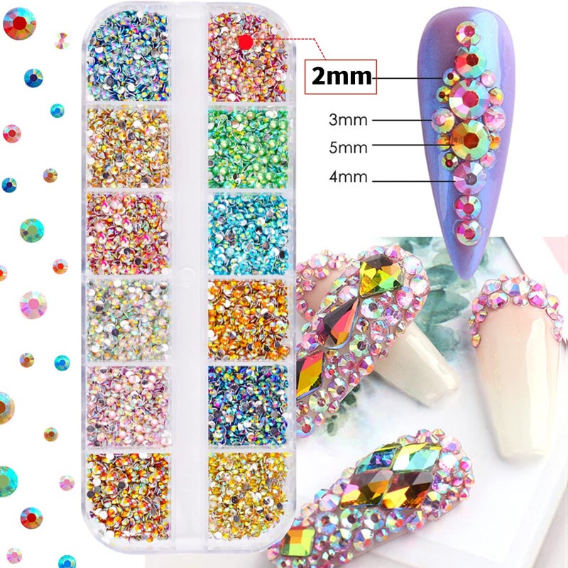 editTime 5 Boxes 13200pcs Sparkling Crystal Nail Rhinestones Pearls Kit, Flatback Multicolor Transparent Jelly AB Mermaid Gems with Pick Up Pen and Curved Tweezers for Manicure Salon & Craft DIY Designs (2mm) - Image 5