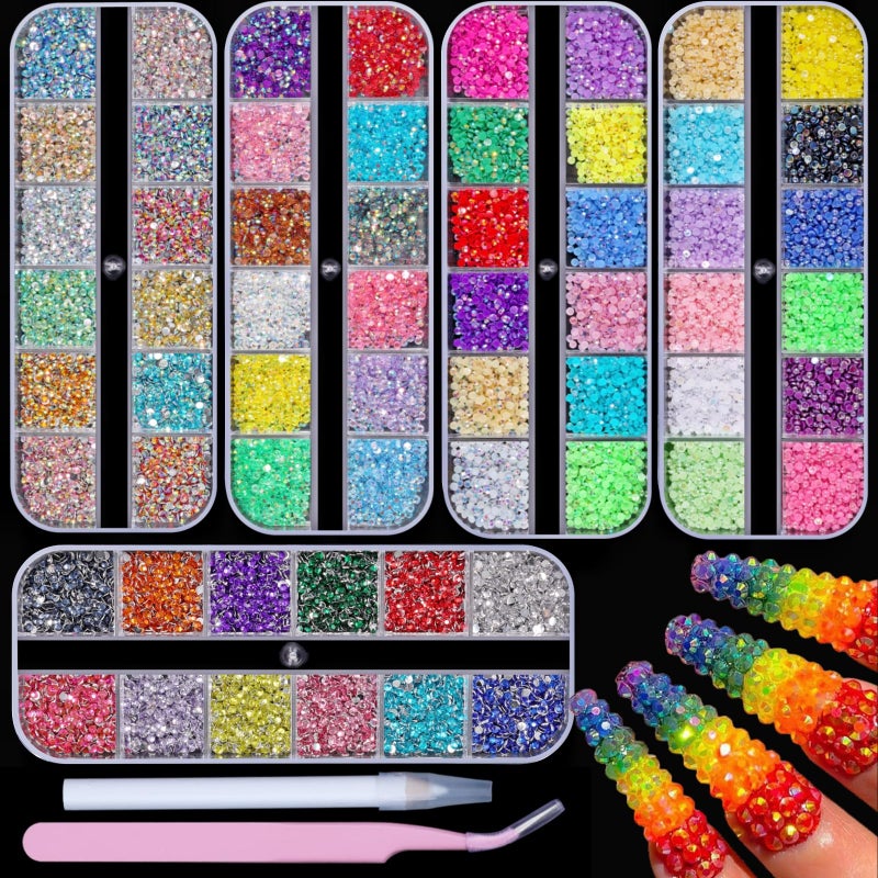 editTime 5 Boxes 13200pcs Sparkling Crystal Nail Rhinestones Pearls Kit, Flatback Multicolor Transparent Jelly AB Mermaid Gems with Pick Up Pen and Curved Tweezers for Manicure Salon & Craft DIY Designs (2mm) - Image 1