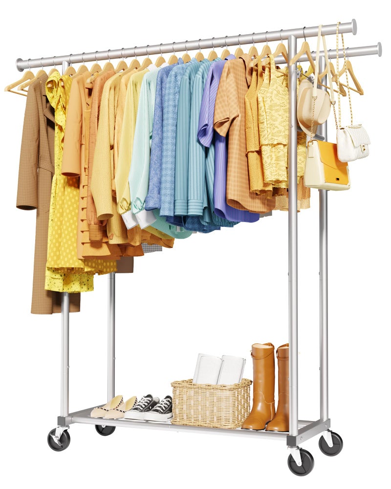 Sakugi Mobile Double Rod Clothes Rack, Freestanding Garment Organizer with Medium Load Capacity and Bottom Storage Shelf for Home Use,Silver - Image 1